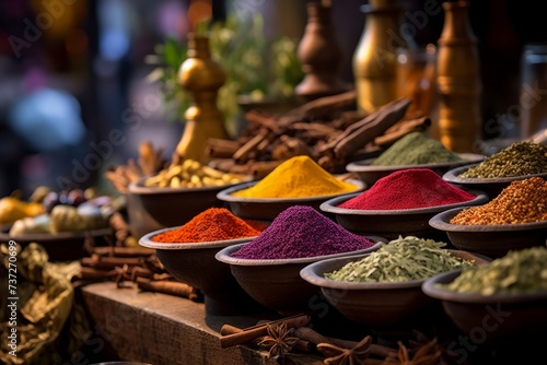 A table covered in exotic spices at a market