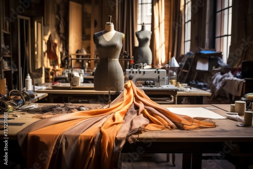 A tailor's cutting table with fabrics poised for fashion transformation