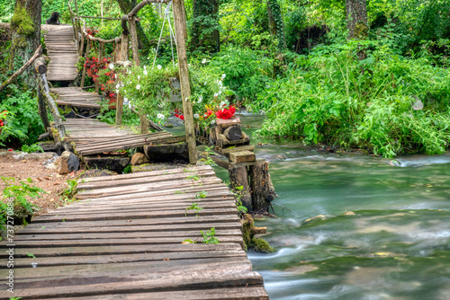 Turquoise color of water in the summer on the river Janj