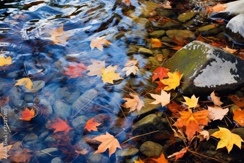 An abstract reflection of colorful leaves on the surface of a clear stream