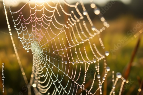 An extreme close-up of a dew-covered spiderweb in the morning light