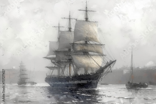 Black and White Watercolor Painting of 3 Masted 19th Century Schooner in Port Anchored out in the Bay with Calm Summer Weather Side View created with Generative AI Technology