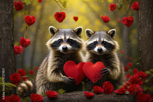 raccoon carrying a heart shaped valentine