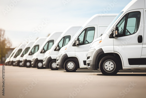 A transportation company, delivering goods. Row of parked white commercial delivery vans transport