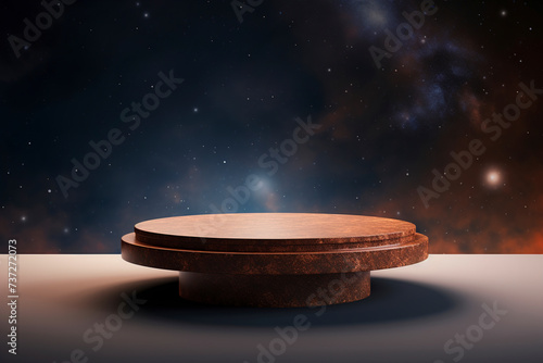 Brown and round-shaped product podium on a space background.  Generative AI 