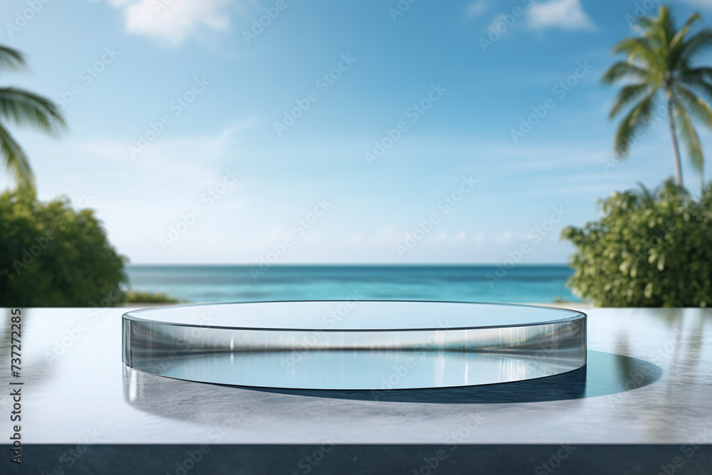 Glass circular podium with water reflections on a tranquil pool background. (Generative AI)