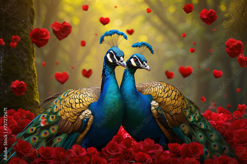Fototapeta premium peacock carrying a heart shaped valentine