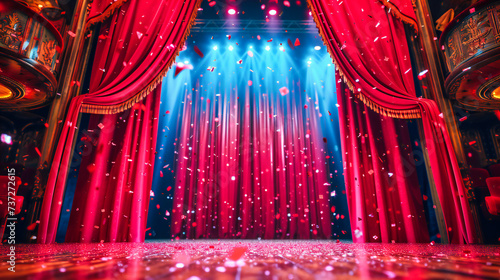 Stage with Red Curtains and Spotlight, Concept of Performance and Entertainment, Theater Background Design