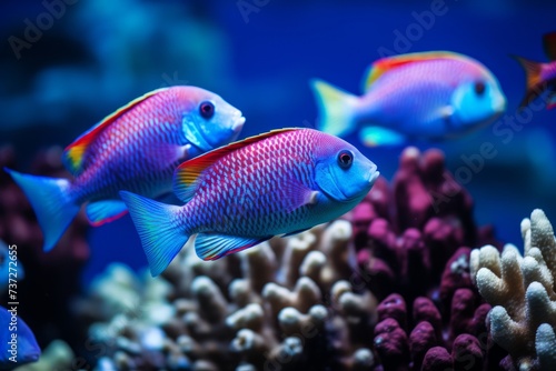 Colorful chromis fish schooling in unison