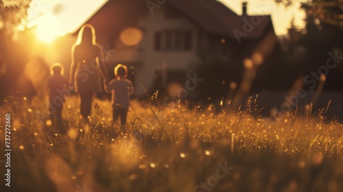 Blurred silhouettes of mather and her two little kids walking through the grass meadow to their new house back to camera at golden hour for real estate sale photo