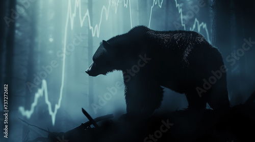 A towering bear shadow looming over a dimly lit stock market chart symbolizing a market downturn photo