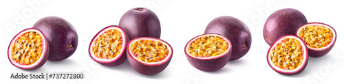 Set or collection of fresh whole and half passion fruit on white background