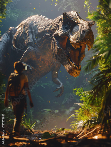 An adventurer wearing VR glasses stands face to face with a towering T Rex in a prehistoric virtual landscape