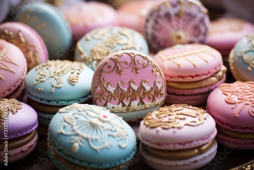 Handmade macarons with pastel colors and intricate designs