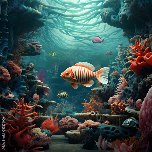 Surreal underwater scene with exotic fish and corals