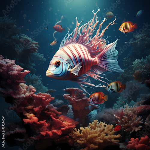 Surreal underwater scene with exotic fish and corals