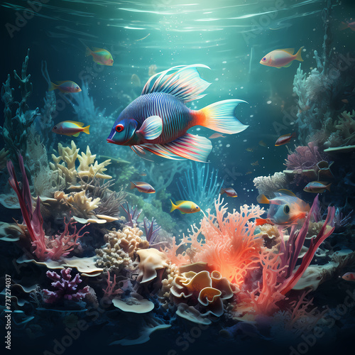 Surreal underwater scene with exotic fish and corals