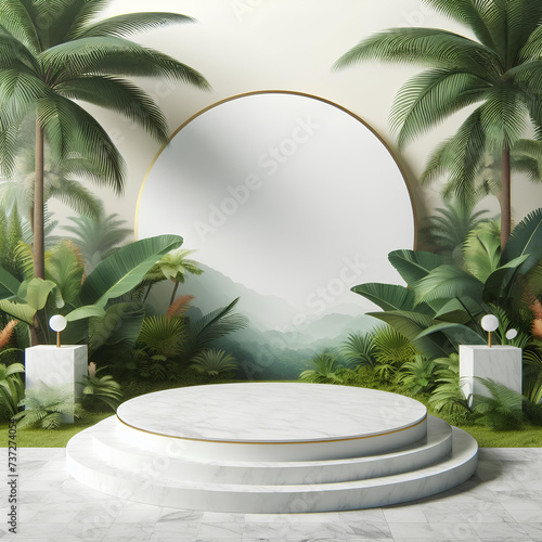 advertising podium stand with tropical jungle leaves background. Empty gray stone pedestal platform to display beauty product