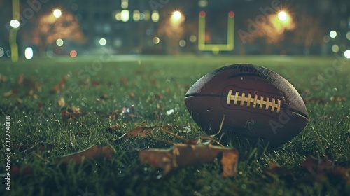 American football ball on a playing field at night photo