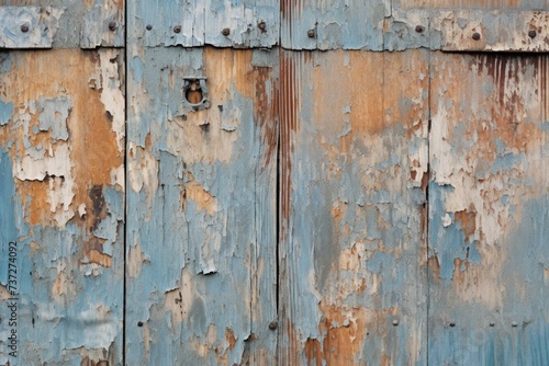 A close-up of a weathered wooden door with peeling paint