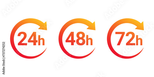 24, 48, and 72 hours clock arrow. Vector work time effect or delivery service time icons