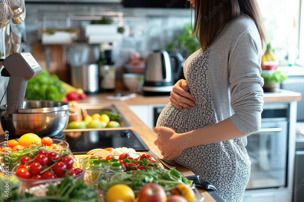 A pregnant woman prepares healthy food in a cozy kitchen: fruits, vegetables, whole grains. Diet and nutrition for expectant mothers concept. Lifestyle.