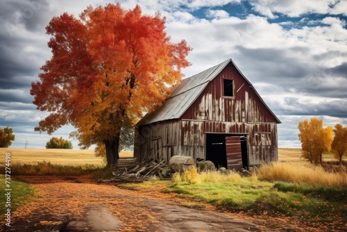 Rustic barn surrounded by a burst of fall colors