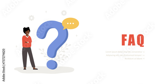 Frequently asked questions concept. African woman with large question mark search for answers. Customer support and online help service. FAQ and guides. Vector illustration in flat cartoon style.
