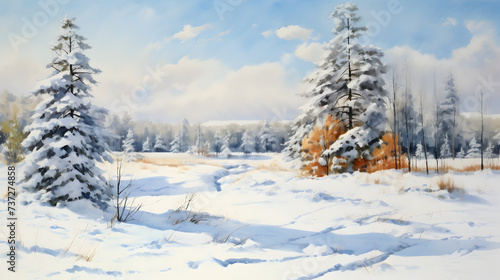 Painting of a snowy path in the woods with trees and bushes 