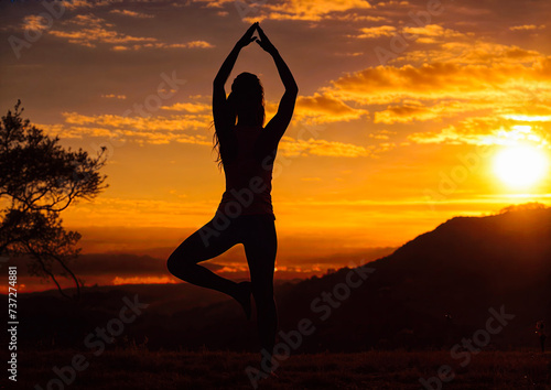 Silhouette of young woman practicing yoga at sunset in the mountains
