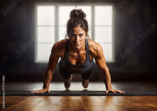 Young sporty woman doing push-ups on mat in gym.