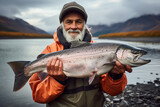 Fishing hobby concept Generative AI man woman catching big salmon fish on lake hobby sports