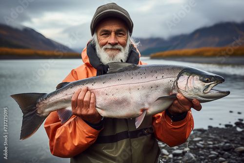 Fishing hobby concept Generative AI man woman catching big salmon fish on lake hobby sports photo