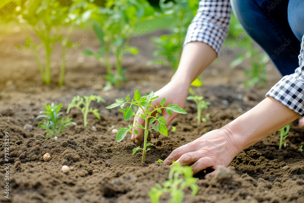 Close-up of woman's hands planting tomato seedlings in the garden Close-up of woman's hands planting tomato seedlings in the garden