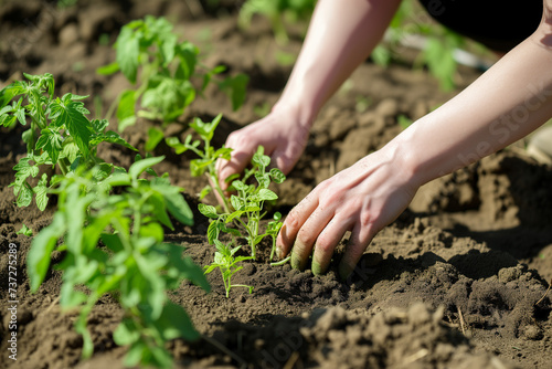 Close-up of woman s hands planting tomato seedlings in the garden