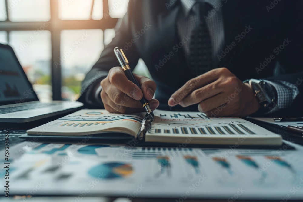Businessman in his office with a pen and a notebook with graphs and statistics about his company, job or market values. Businessman in his office with a pen and a notebook with graphs and statistics about his company, job or market values.