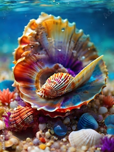 Beautiful seashells on the sand. Underwater world. AI Generated 