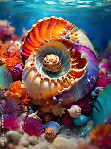 Beautiful seashells on the sand. Underwater world. AI Generated 