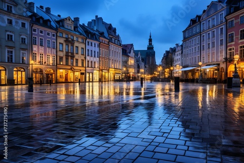 A city square bathed in the soft hues of blue hour