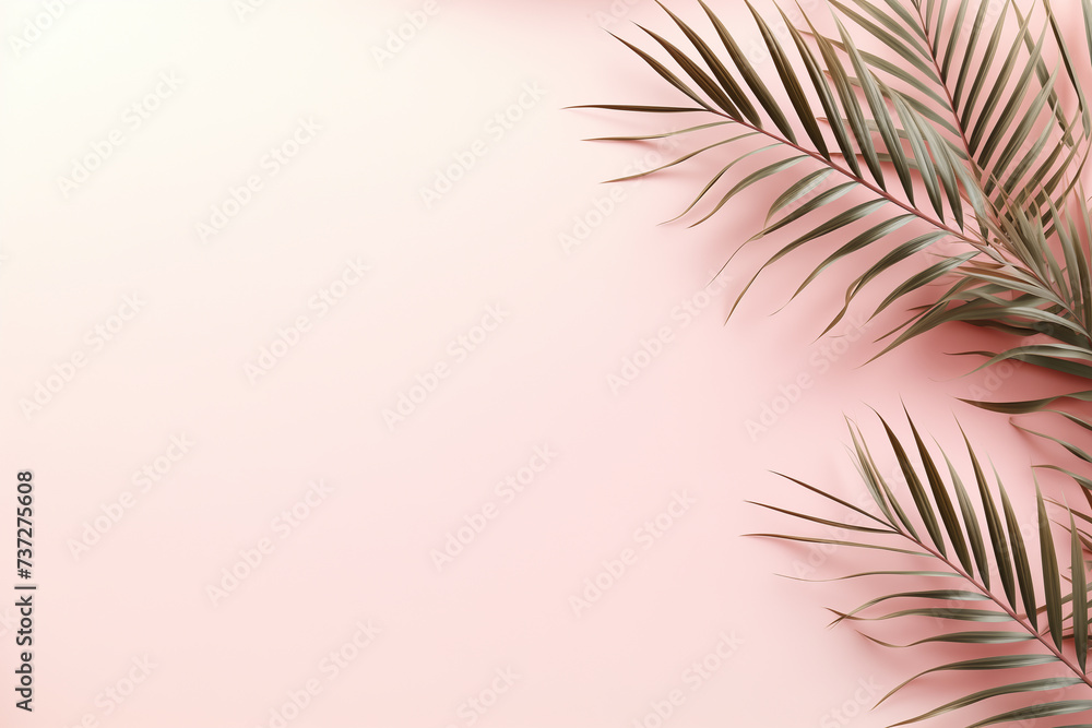 Tropical palm leaves on pink background. Minimal summer concept