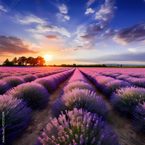 Rows of lavender in a sunlit field. 