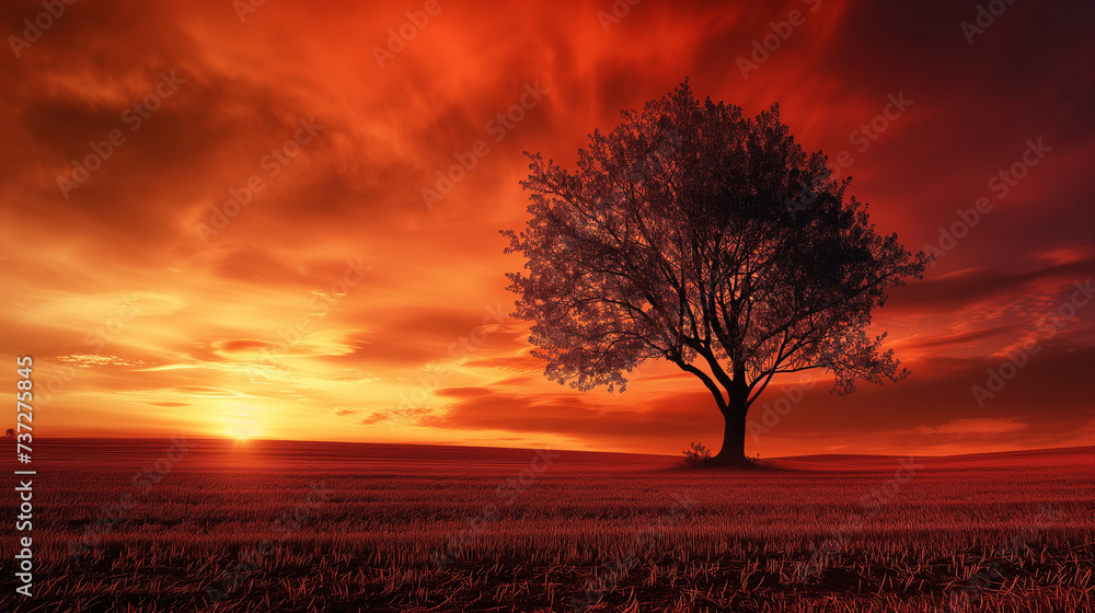 Lonely tree on the field at sunset Lonely tree on the field at sunset