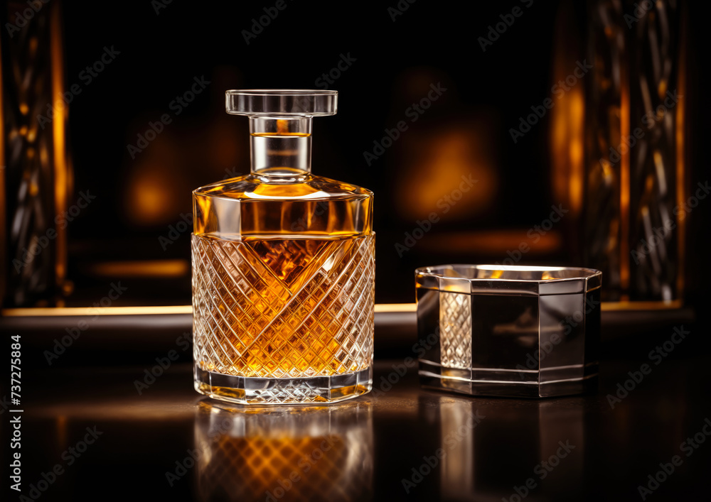 Cognac or brandy in a glass decanter on a black background Cognac or brandy in a glass decanter on a black background