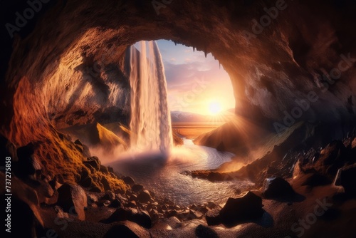 Generated image a view of a waterfall from inside a cave, solar eclipse in iceland, sunset light, very beautiful photo, wide shot photo, vacation photo