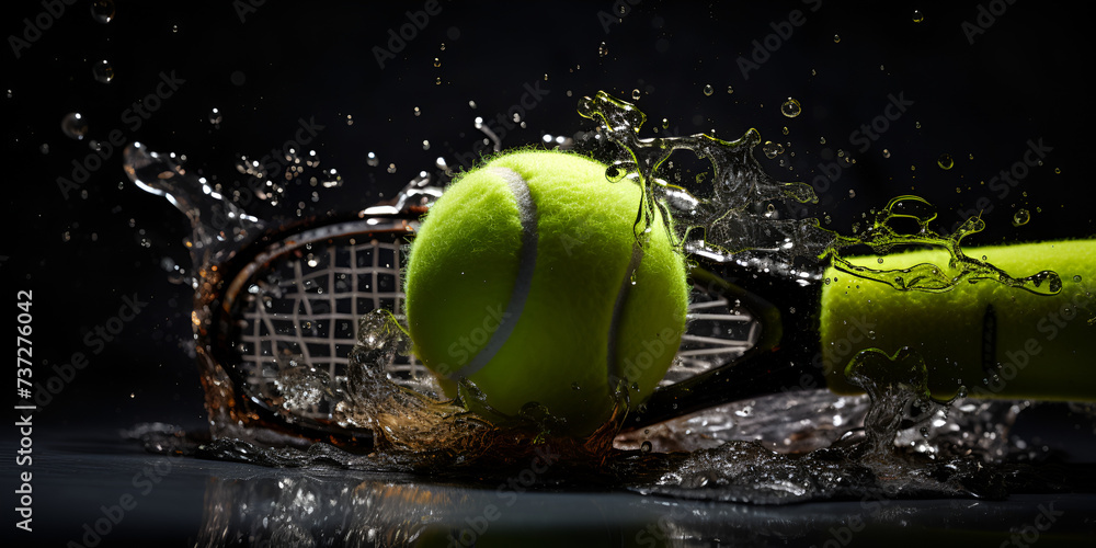 Tennis racket and ball on dark background 