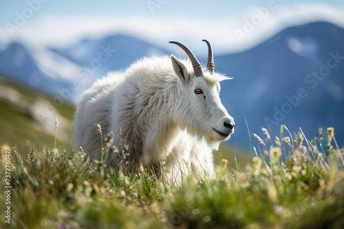 A close-up of a mountain goat grazing on alpine grass