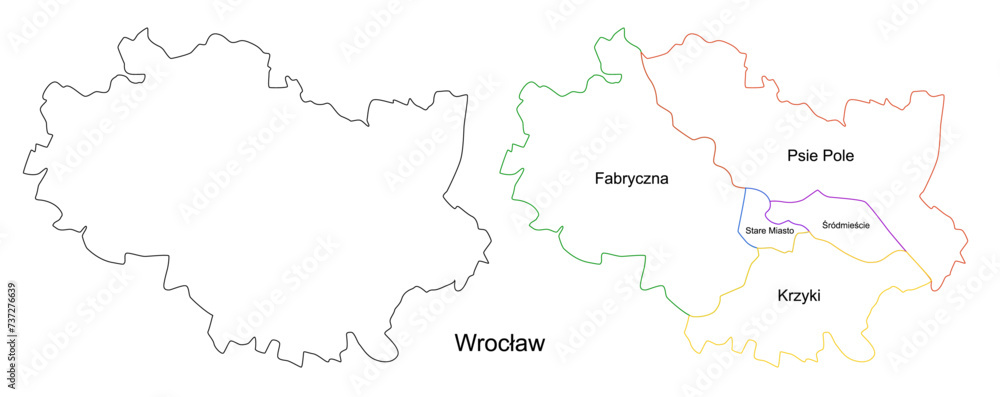 Vector map of Wroclaw and its districts. Highly detailed vector outline, black silhouette. All isolated on white background