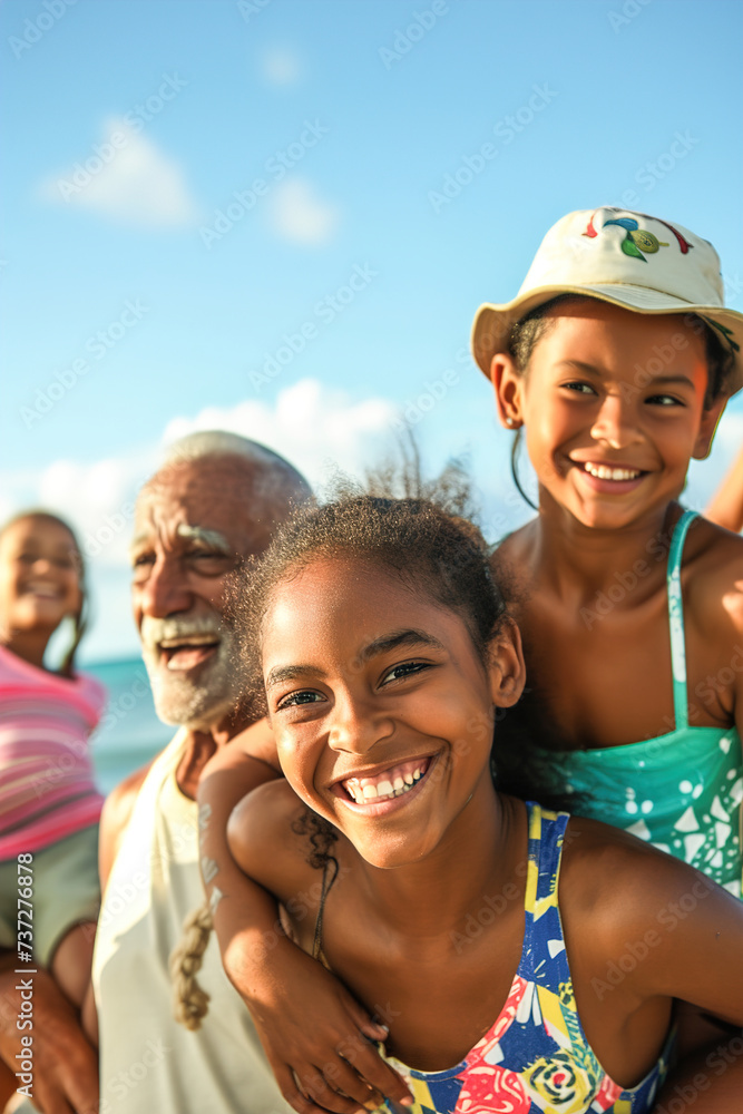 Warm embraces and shared excitement, a family reunion, marked by beach games and cheerful camaraderie.