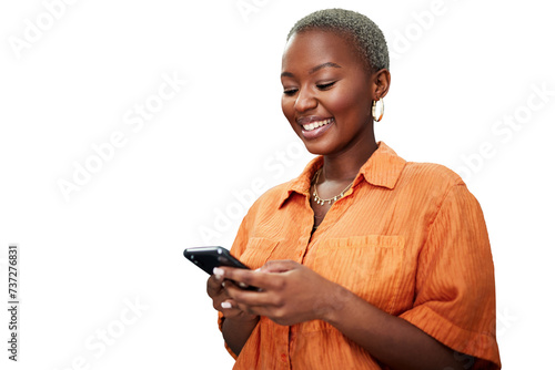 Woman, cellphone and texting for social media communication or search, meme or laugh. Black person, smartphone and isolated transparent png background or online notification, network or conversation