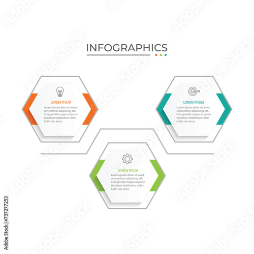 Business infographic design with 3 options. Vector thin line label with hexagons template.
